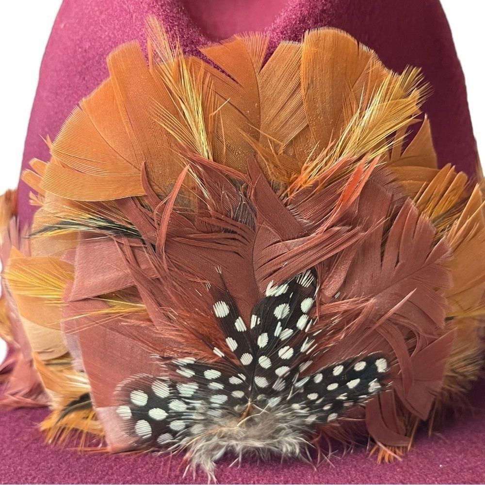 Beautiful Wine Color Felt Fedora with Elaborate Feather Hat Band - UNISEX - Picture 8 of 10